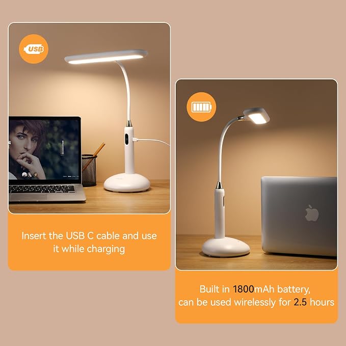 VAVOFO LED Desk Lamp 6778B - Touch Control, Adjustable 2700-7000K Color Temperature, 700 Lumens, 360° Flexible Gooseneck, USB-C Charging, 2.5hrs Cordless, Eye-Caring Light (White)