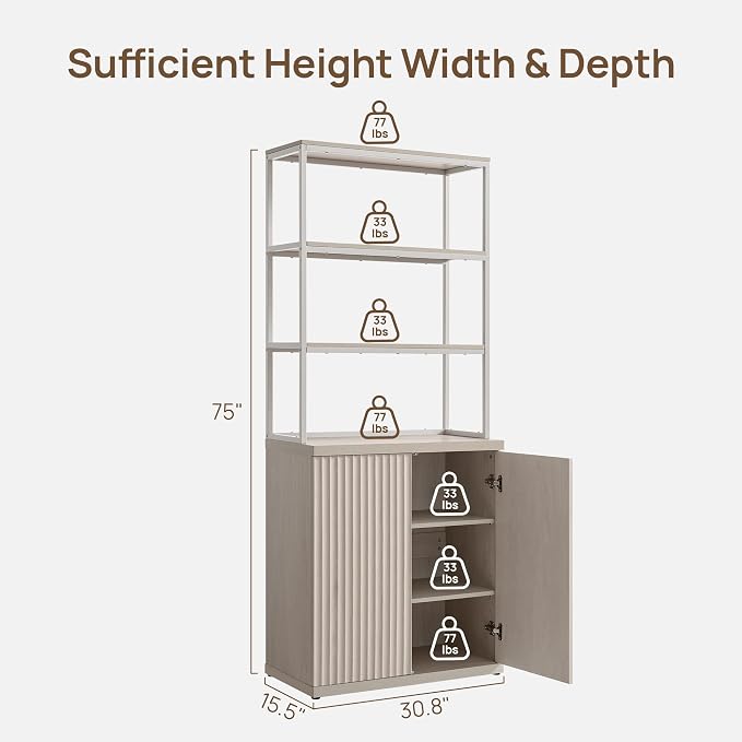 SICOTAS Book Shelf Fluted Bookshelf Cabinet - 75" Tall Bookcase 6 Tier Large Bookshelves with Doors Storage Modern Wide Book Shelves Case for Living Room Home Office Library, Metal Frame, White Alder