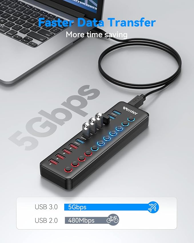 Powered USB 3.0 Hub, Wenter 11-Port Hub Splitter (7 Faster Data Transfer Ports+ 4 Smart Charging Ports) with Individual LED On/Off Switches, Power Adapter for Mac, PC