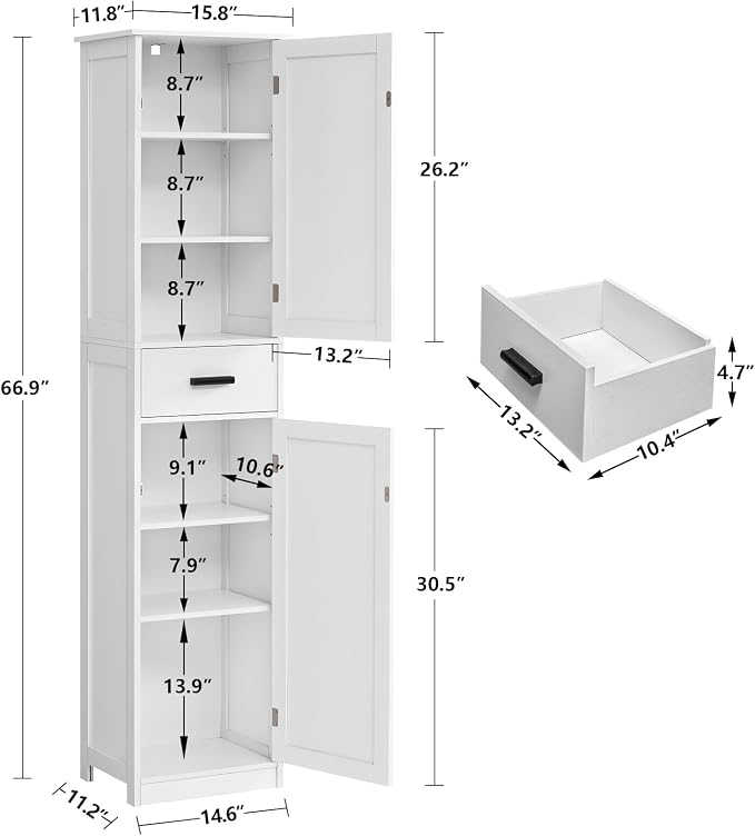 WEENFON Tall Bathroom Cabinet, Storage Cabinet with 6 Shelves & Drawer, Bathroom Storage Cabinet with Adjustable Shelves, Tall Cabinet for Living Room, Home Office, White