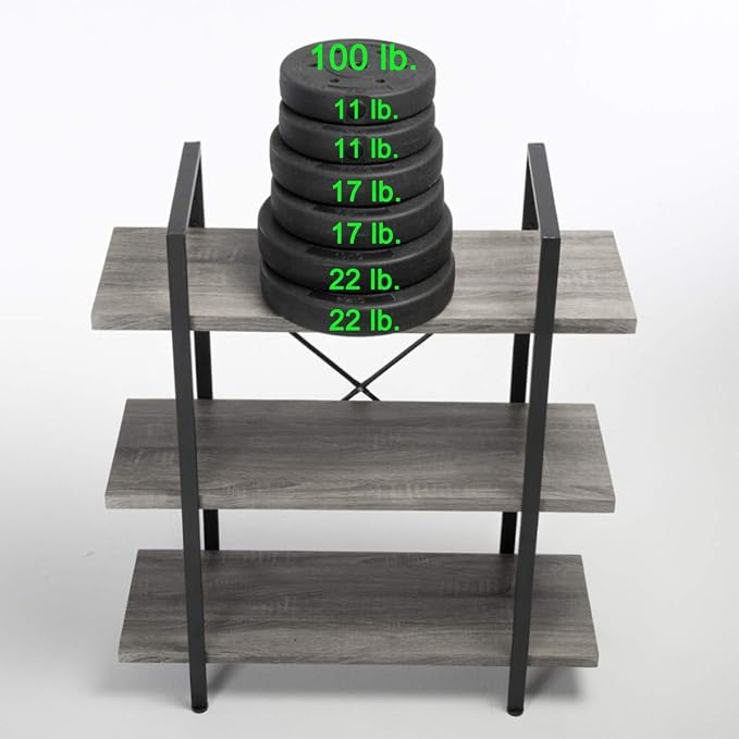 HSH 3-Shelf Bookcase, Rustic Gray 3 Tier Bookshelf, Vintage Industrial Wooden and Metal Display and Storage Bookshelves Tower for Home Office Livingroom Bedroom Light Grey Oak