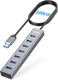 atolla Aluminum 7-Port USB 3.0 Hub with 1m Extension Cable - 5Gbps High-Speed Data Transfer for MacBook Pro, Laptop, PC, Gaming Setup-Gray