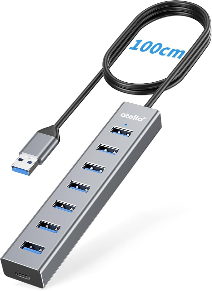 atolla Aluminum 7-Port USB 3.0 Hub with 1m Extension Cable - 5Gbps High-Speed Data Transfer for MacBook Pro, Laptop, PC, Gaming Setup-Gray