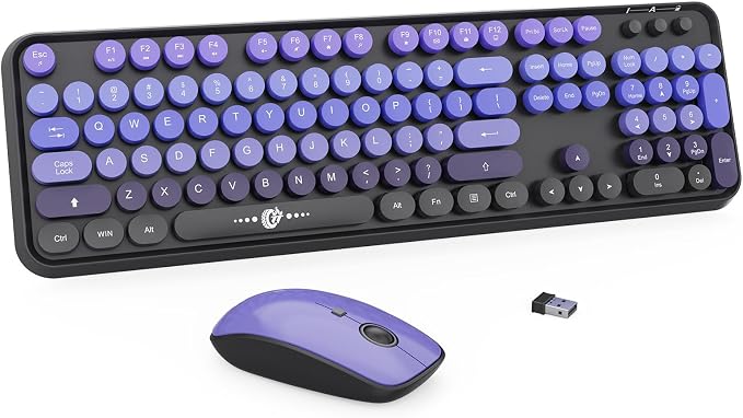 Wireless Keyboard and Mouse Combo | Cute Colorful Keyboard and Mouse with 2.4GHz Cordless Retro Typewriter Keyboard | Auto-Sleep | USB Receiver for Windows PC/Laptop - Black Purple Gradient