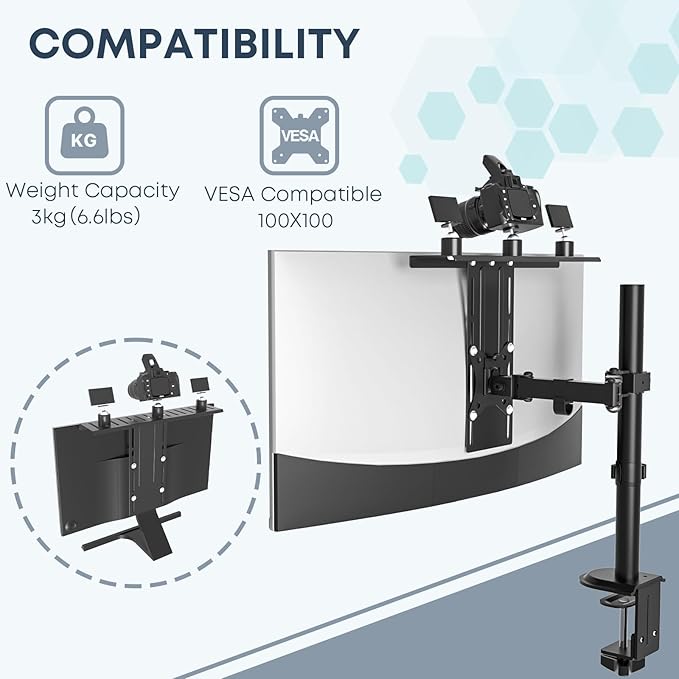 16 inch VESA Monitor Mount Shelf for Streaming - Holds Cameras, Webcams, Microphones & Lights, Height Adjustable, Fits 100×100 mm VESA Pattern, All-in-One Design (Black)