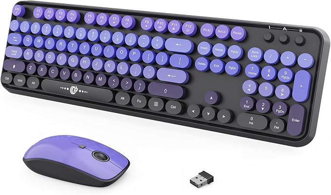 FOPETT Wireless Keyboard and Mouse Combo, 104 Keys Full-Sized 2.4 GHz Round Keycap Colorful Keyboards, USB Receiver Plug and Play, for Windows, Mac, PC, Laptop, Desktop (GradientPurple)