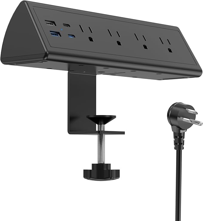 Jgstkcity Desk Clamp Power Strip,20W Fast Charging Station,Surge Protector Nightstand Edge Mount,1875W Extension Cord with Multiple Outlets,2 USB-C,2 USB-A,for Home Office (Black, 6 FT)