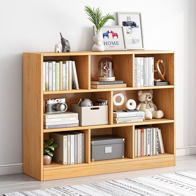 IOTXY Open Shelf Low Bookcase - Wooden 3-Tier Floor Standing Display Cabinet Organizer with Base, 8 Cubes Short Horizontal Bookshelf in Pear Yellow
