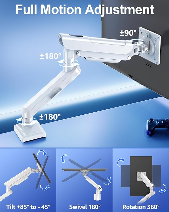 Single Monitor Mount for 32 27 24 22 inch Screen, Monitor Arm Holds 4.4-22 lbs, Monitor Desk Mount, Gaming & Home Office Use, VESA 75x75mm & 100x100mm, Freelift Pro White