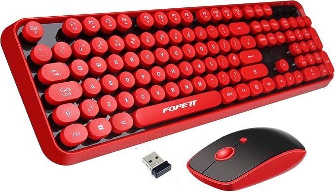 FOPETT Wireless Keyboard and Mouse Combo, 104 Keys Full-Sized 2.4 GHz Round Keycap Colorful Keyboards, USB Receiver Plug and Play, for Windows, Mac, PC, Laptop, Desktop (Black Red)