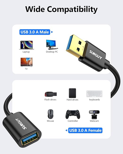 SUNGUY 5Gbps USB 3.0 Extension Cable, 1FT USB A Male to Female Extender Cord, Braided High Data Transfer Compatible with Xbox, Hard Drive, Webcam, USB Keyboard, Mouse, Flash Drive, Oculus VR, Black