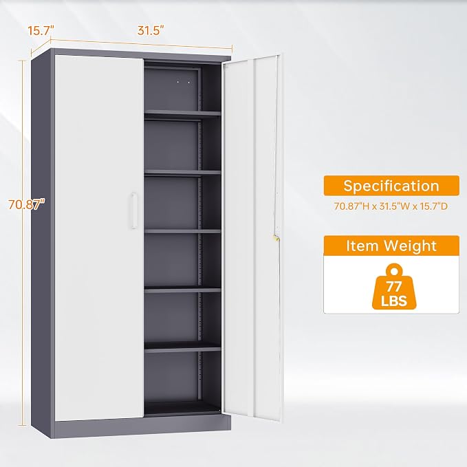 STANI Metal Garage Storage Cabinet with Lock, 71" Steel Lockable File Cabinet, Locking Steel Storage Shelf with 5 Adjustable Shelves for Home, Office, Warehouse, Garage, School (White+Grey)