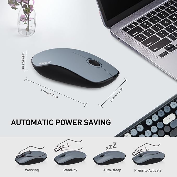 FOPETT 2.4GHz Wireless Keyboard and Mouse Set with Switch Button - Full-Size Keyboard - Compatible for Windows/Laptop/PC/Notebook/Smart TV and More - Grey Colorful