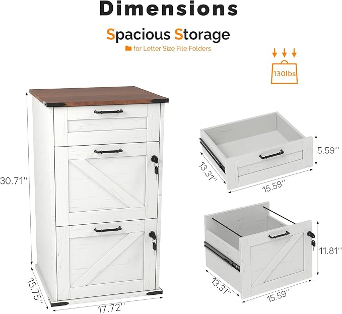VINGLI 3 Drawer File Cabinet with Lock, Home Office Filing Organizer, for Letter Size File Folder Storage, Modern Farmhouse Style, Wood Vertical Filing Cabinet, Archivador (Rustic White & Brown)