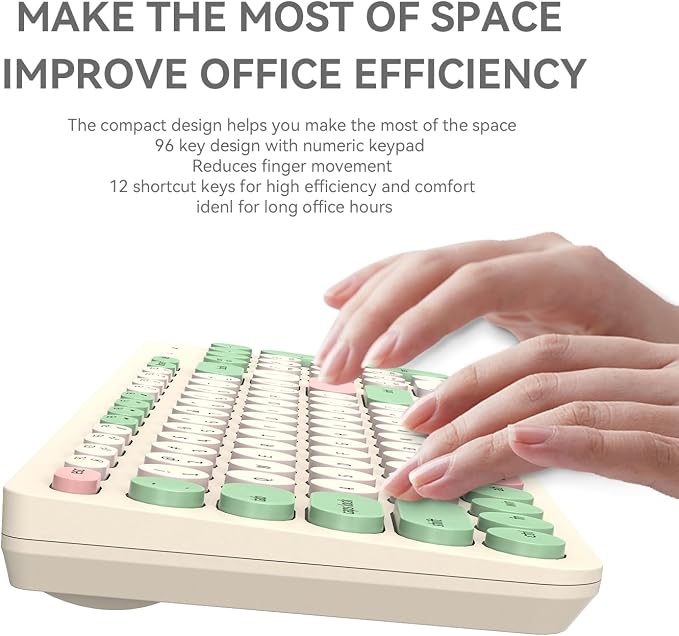 Wireless Keyboards Mouse Combos, Colorful Quiet Keyboard Cute Typewriter Full-Size Retro Round Keycaps, 2.4GHz Sleep Mode Office Wireless Keyboard and Mouse Set for Desktop Laptop PC Computer