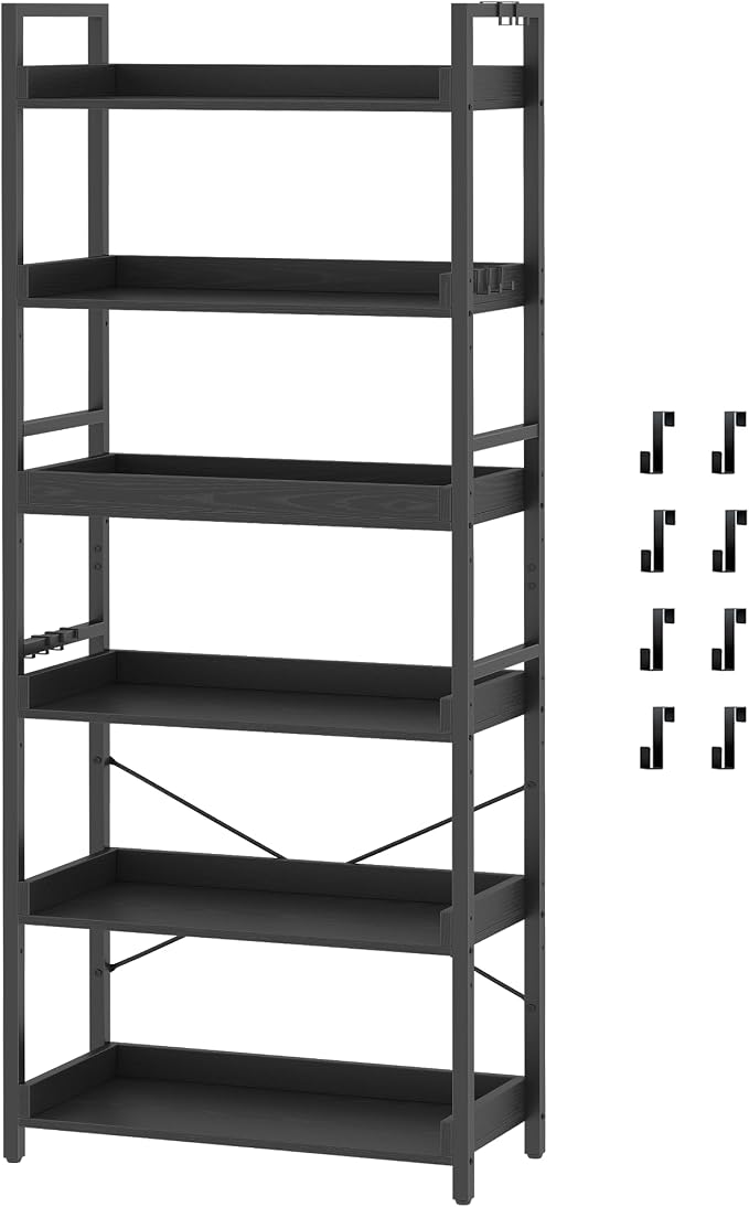 HCHQHS 6 Tier Bookshelf, Adjustable Industrial Bookcase, Vertical Tall Book Shelf, Wood and Black Metal Open Bookshelves for Home Office, Living Room, Bedroom, 70 Inch