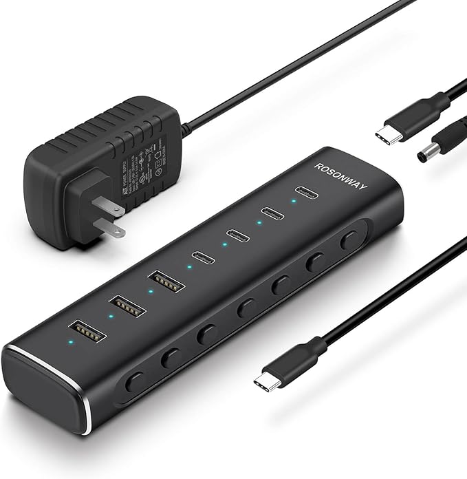 Rosonway 7 Ports Powered USB 3.2/USB C Hub 10Gbps with 4 USB-C 3.2, 3 USB-A 3.2 Ports, 3.3ft Cable and 36W(12V/3A) Power Adapter, Aluminum USB Splitter for Laptop, RSH-H7C4