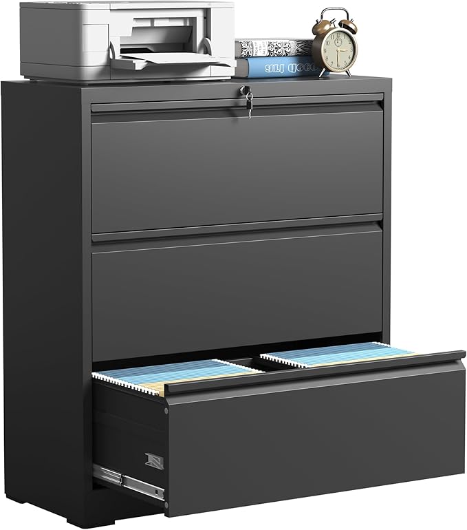 IKIMI 3 Drawer Lateral File Cabinets with Lock,Black Metal Lateral Filing Cabinet for Home Office,Wide Steel Storage Cabinet Commercial Drawer Cabinets for Legal/Letter/A4 Size Files Assembly Required