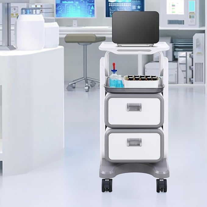 VEVOR 3 Tiers Lab Carts, Lab Utility Cart with 2 Drawers & 1 Top Tray, Mobile Medical Cart with ABS Material, Lab Rolling Cart with 4 Silent Wheels for Lab, Clinic, Hospital, Salon, White