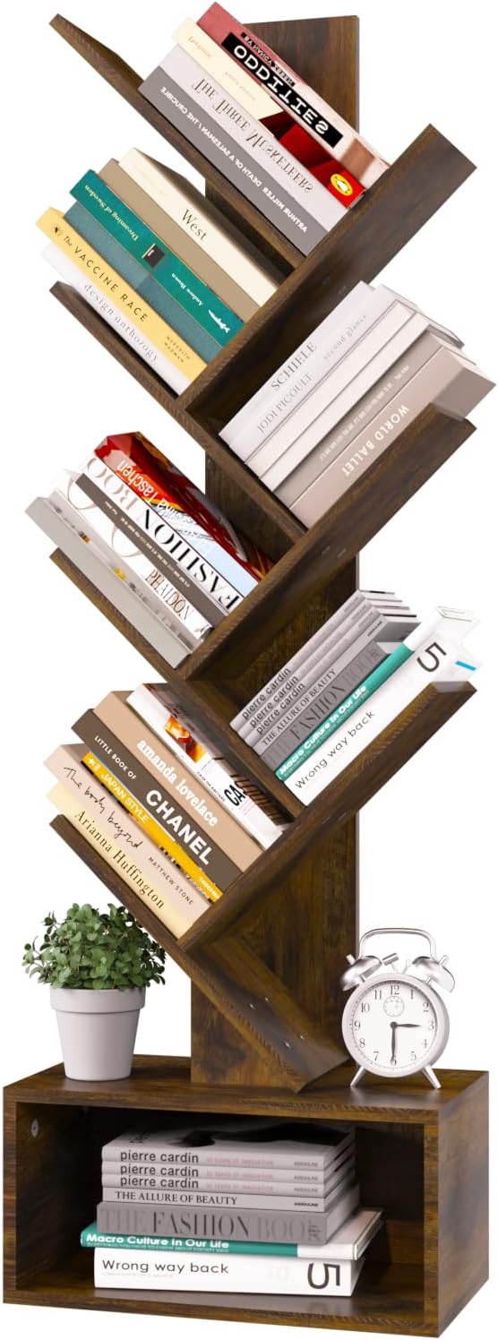 Yoobure Tree Bookshelf - 6 Shelf Retro Floor Standing Bookcase, Tall Wood Book Storage Rack for CDs/Movies/Books, Utility Book Organizer Shelves for Bedroom, Living Room, Home Office, Rustic Brown