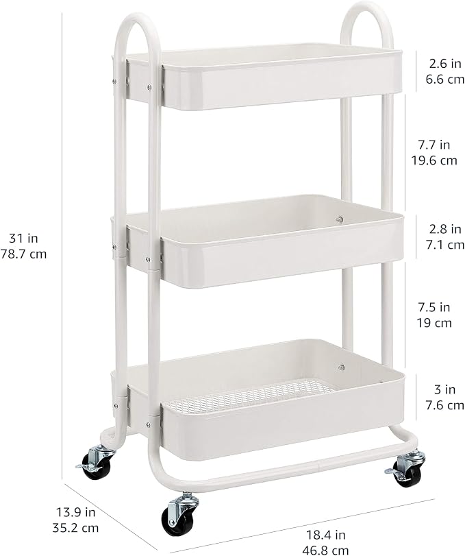 Basics 3-Tier Rolling Utility Cart, Storage Organizer, Lockable Wheels, Multifunctional Storage, Portable Mobile Shelving Unit, White