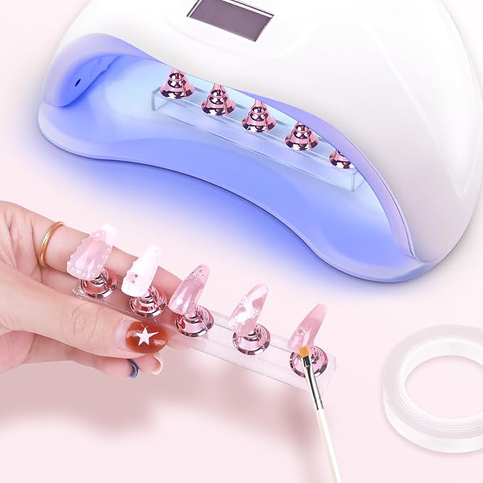 JUSTOTRY 2 Sets Pink Nail Painting Practice Stand With 1M Double-sided Tape Acrylic Fake Nail Art Holder For Press Ons Magnetic Nail Display Design Tools Kit Accessories For Home Diy Salon Supplies