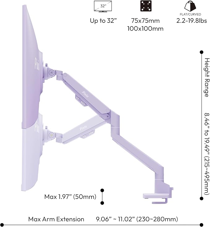 Pixio PS1S Wave Purple Single Monitor Arm Stand Desk Mount - Fits up to 32 inches Monitors and up to 19.8lbs. VESA Compatibility and Integrated Cable Management