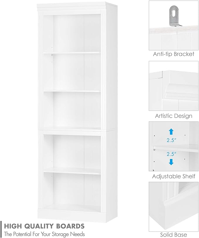 Spirich 5 Tier White Bookshelf, Tall Bookshelf with Storage, Open Wooden Book Shelf, Modern Large Bookcase for Living Room, Home Office, Dinning Room