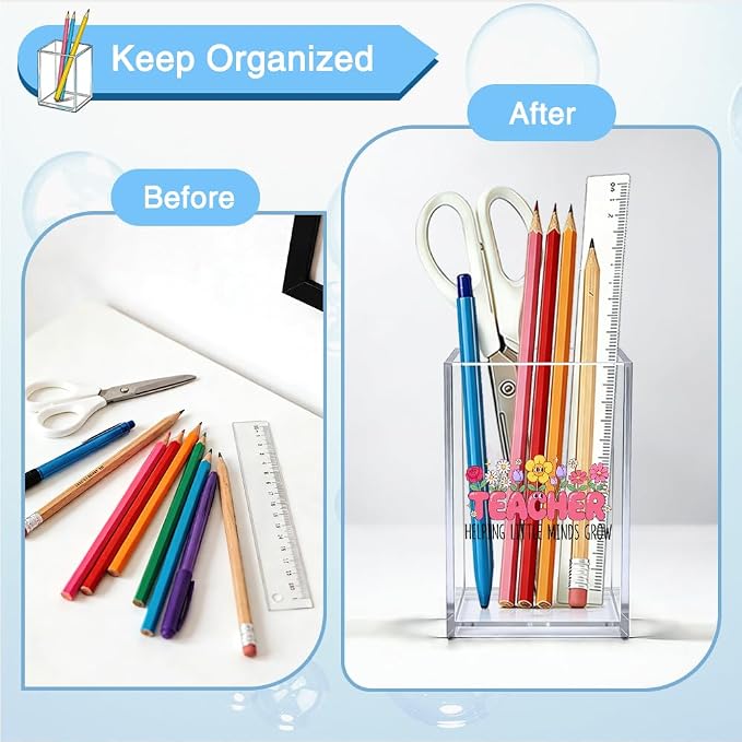 Teacher Helping Little Minds Grow Acrylic Organizer Pencil Pen Holder, Flower Acrylic Desk Organizer, Office Gifts for Teacher Educator Principal, Appreciation Thank You Gifts for Teachers