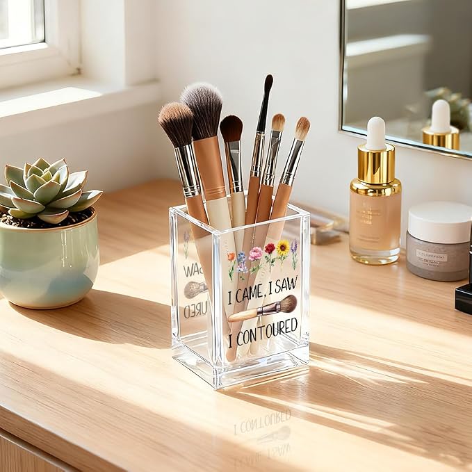 I Came I Saw I Contoured Acrylic Cosmetic Holder, Funny Floral Makeup Brush Holder Gifts for Cosmetologist Women Girls, Bathroom Vanity Storage for Make up Brushes, Vanity Desk Accessories