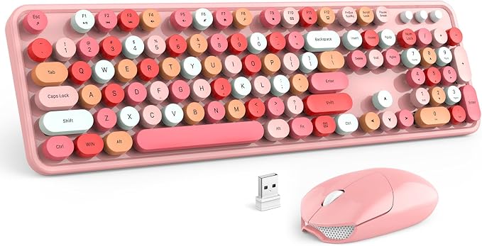 MOFII Wireless Keyboard and Mouse, Pink Colorful Round Key Retro Typewriter Keyboards, USB Wireless 2.4G Full Size Keyboard and Cute Mice Combo for Computer, Laptop, PC, Chromebook, Smart TV