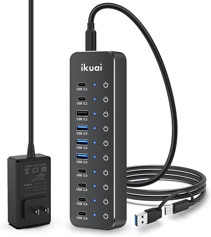 Powered USB Hub, ikuai 10-Port USB 3.2 / USB C Hub, with 3 10Gbps Data Ports and 7 USB 3.0 Ports (4 USB-C + 3 USB-A) for Mac PC Laptops and More