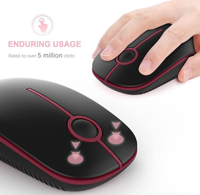 VssoPlor Wireless Mouse, 2.4G Slim Portable Quiet Computer Mice with Nano Receiver for Notebook, PC, Laptop, Computer-Black and Wine Red