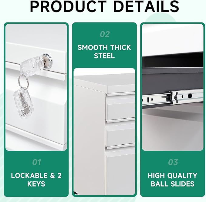 Letaya 3 Drawer Mobile File Cabinet with Lock, Under Desk Metal Rolling Filing Cabinets for Home Office Organizer Letters/Legal/A4 (White- Requires Installation) (White)