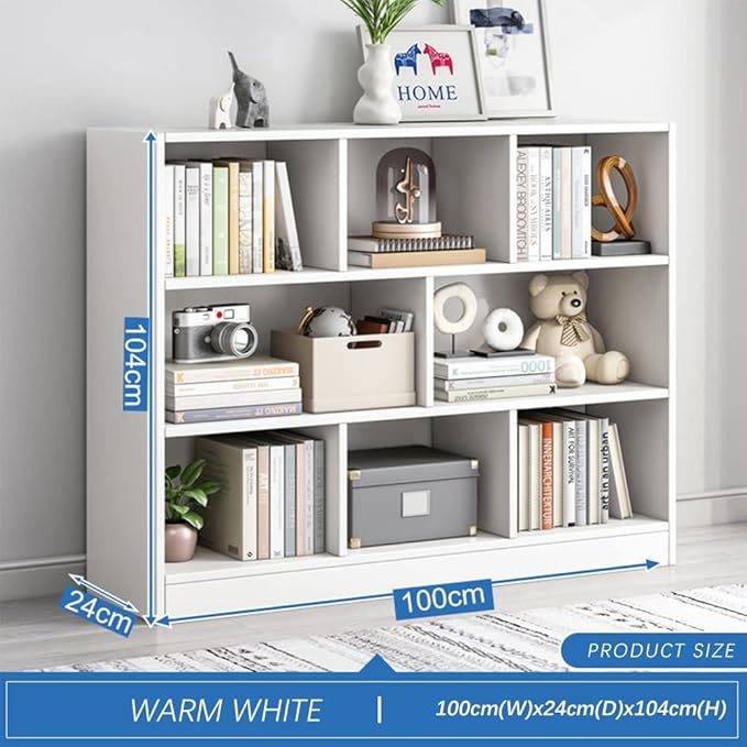 IOTXY Open Shelf Low Bookcase - Wooden 3-Tier Floor Standing Display Cabinet Organizer with Base, 8 Cubes Short Horizontal Bookshelf in Warm White
