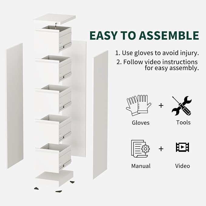 4 Drawer File Cabinet with Lock, Vertical File Cabinet with Lock, Locking File Cabinet Hanging Files for A4/ Legal/Letter, Require Assembly, White