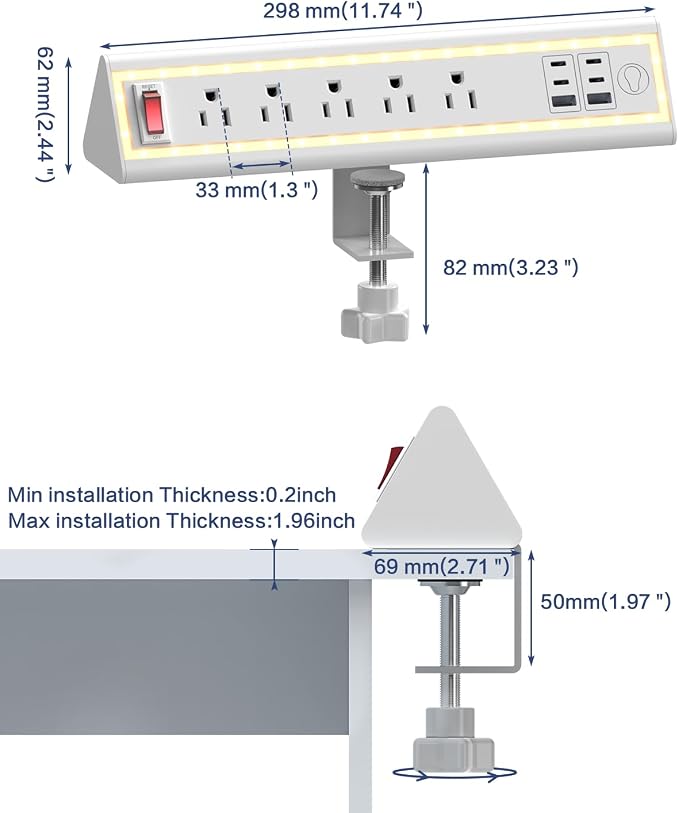 Desk Clamp Power Strip with Nightlight, 40W Fast Charging, 6FT Extension Cord, 4x20W USB-C & 2 USB Ports, 5 AC Outlets, Fits 1.69-Inch Table Edges