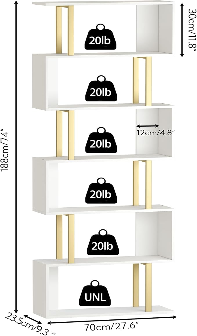 Yusong Geometric Bookcase, S Shaped Bookshelf 6-Tier Book Shelves for Bedroom, Modern Wood Decorative Display Shelf Tall Book Case for Home Office, Gold and White