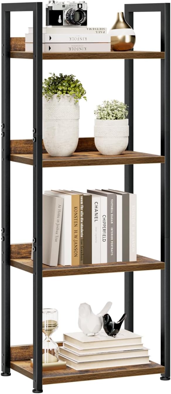 NUMENN Narrow Bookshelf, 4 Tier Bookshelves, Home Office Bookcase Shelf Storage Organizer, Free Standing Storage Shelving Unit for Bedroom, Living Room and Home Office, Vintage