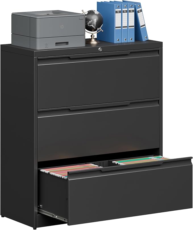 Filing Cabinet with Lock,Lateral File Cabinets 3 Drawer Metal Wide Filing Organization,Home Office School Furniture for Hanging Files Letter/Legal/F4/A4 Size,Black - Assembly Required