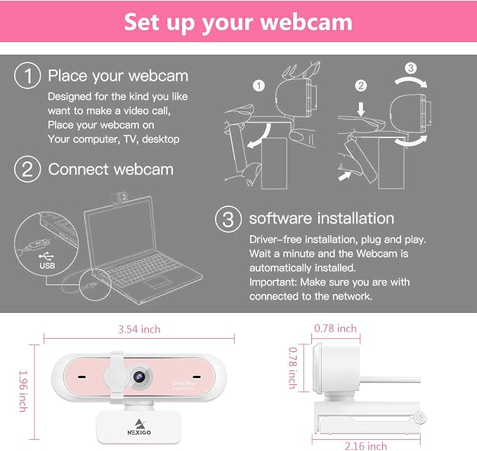 NexiGo N660P 1080P 60FPS Webcam with Software Control, Dual Microphone & Cover, Autofocus, HD USB Computer Web Camera, for OBS/Zoom/Skype/FaceTime/Teams/Twitch, Pink