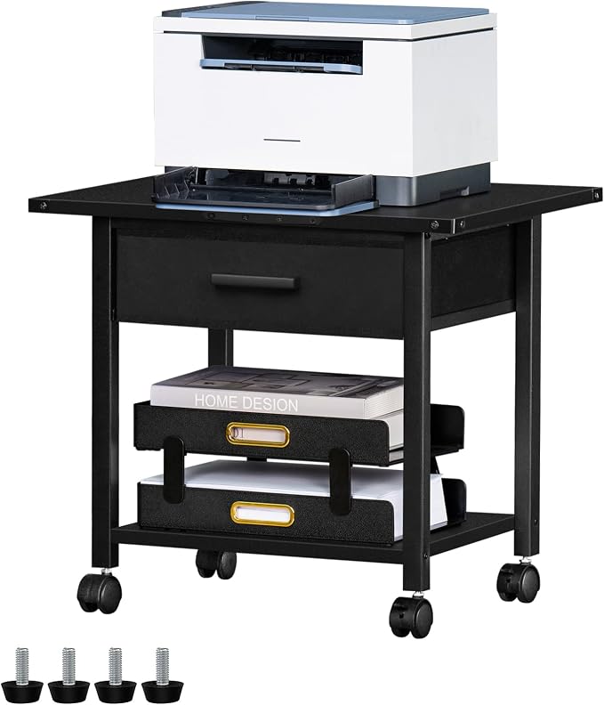 Lerliuo Under Desk Rolling Printer Stand with Drawer, 2-Tier Industrial Mobile Printer Table Desk with Storage Shelf and Steel Frame, Printer Cart Holder with Lockable Wheels for Home, Office (Black)