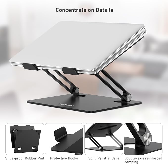BoYata Laptop Stand, Adjustable Laptop Riser with Slide-Proof Silicone and Protective Hooks, Laptop Stand for Laptop up to 17 Inches, Laptop Holder Compatible for MacBook, Laptop-Black
