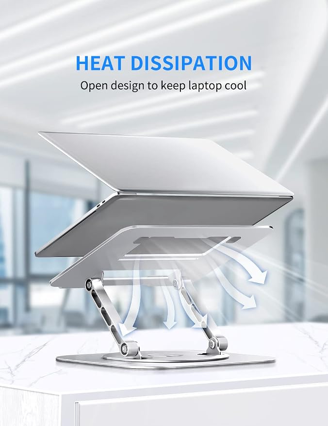 AOEVI Adjustable Computer Stand with 360 Rotating Base, Ergonimic Foldable Laptop Riser for Desk Compatible with MacBook Pro/Air Notebook up to 16 Inches, Silver