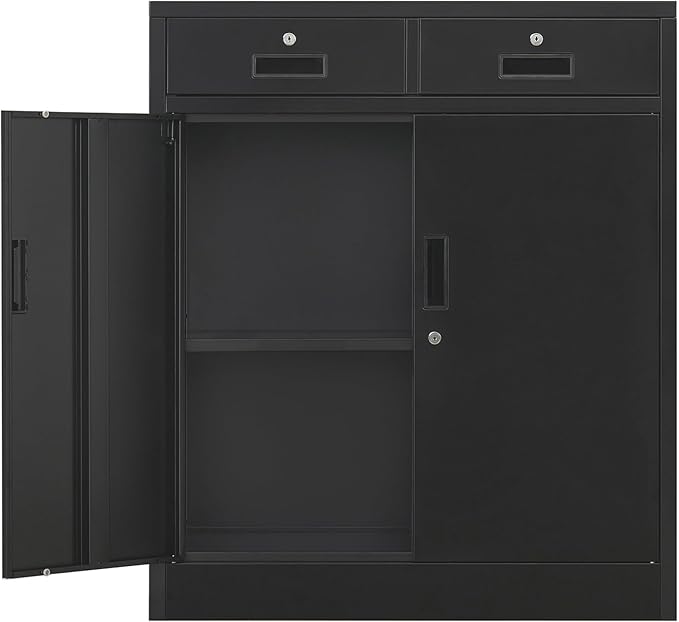 CMY Metal Storage Cabinet, Locking Storage Cabinet with Two Drawers, 36" H Steel Cabinets with Adjustable Shelf for Office, Garage, Home-Black