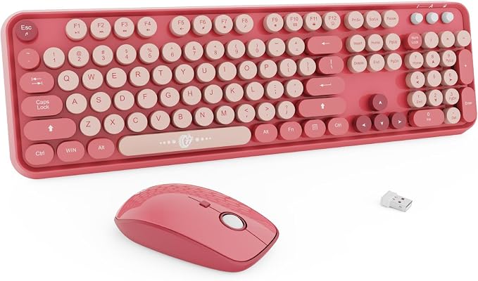 FD Wireless Keyboard and Mouse Combo | Cute Colorful Keyboard and Mouse with 2.4GHz Cordless Retro Typewriter Keyboard | Auto-Sleep | USB Receiver for Windows PC/Laptop - Pink Colorful