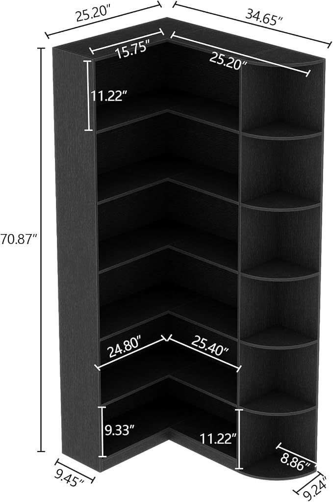 Loomie Black Book Shelf, 6 Tiers Shelf Large Tall Corner Etagere Bookcase with Full Baffle, L-Shaped Modern Storage Display Industrial Bookshelves for Bedroom, Home Office, Living Room & Kitchen,Black
