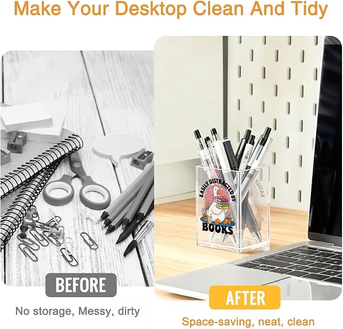 Easily Distracted By Books Acrylic Organizer Pencil Pen Holder, Cute Goose Book Stack Design Desk Storage Organizer, Bookworm Gifts for Book Goose Lover Bibliophile Librarian Books Club Member