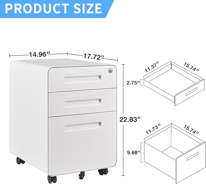 Letaya File Cabinet, 3 Drawer Filing Cabinets for Home Office with Lock Mobile Under Desk Fully Assembled Cabinet (White)