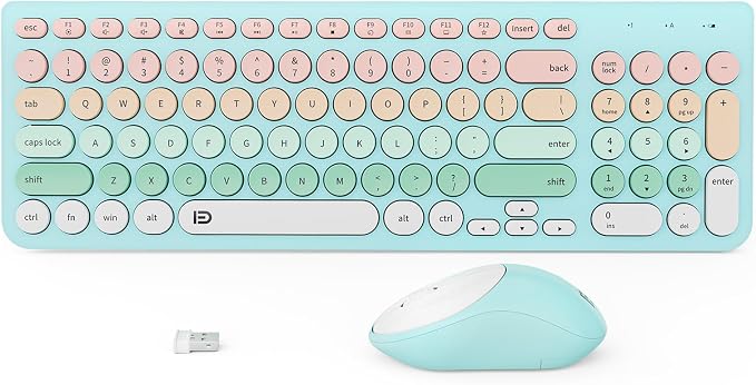 Wireless Keyboards Mouse Combos, Colorful Cute Typewriter Full-Size Retro Round Keyboard, 2.4GHz Sleep Mode Office Quiet Wireless Creamy Keyboard and Mouse Set for Desktop Laptop PC Computer-Blue